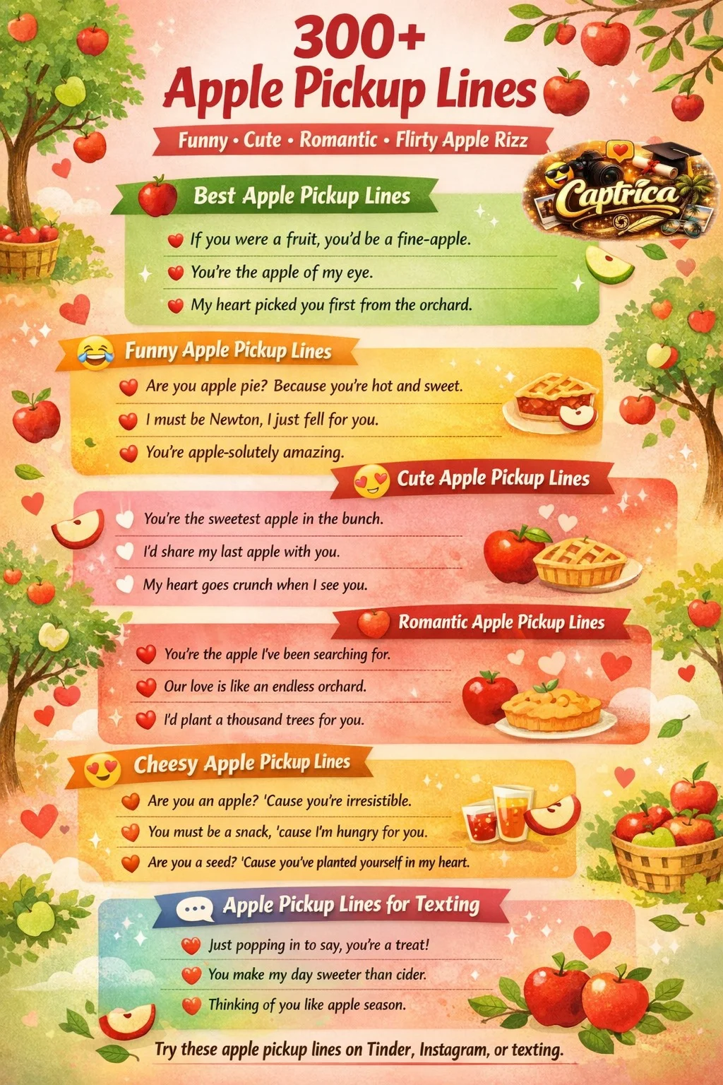 300+ apple pickup lines infographic featuring funny, cute, romantic and flirty apple rizz for Tinder, texting and social media.
