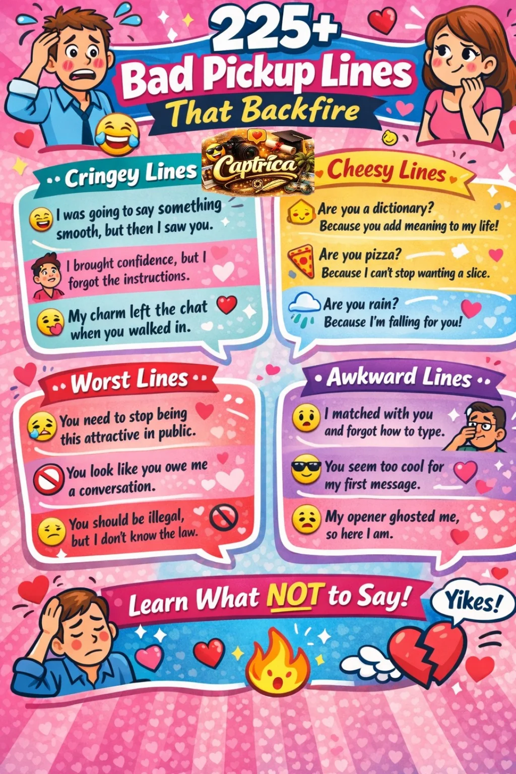 "Colorful infographic showing 225+ funny, cringey, and bad pickup lines with emojis, humorous icons, and examples of awkward flirting."
