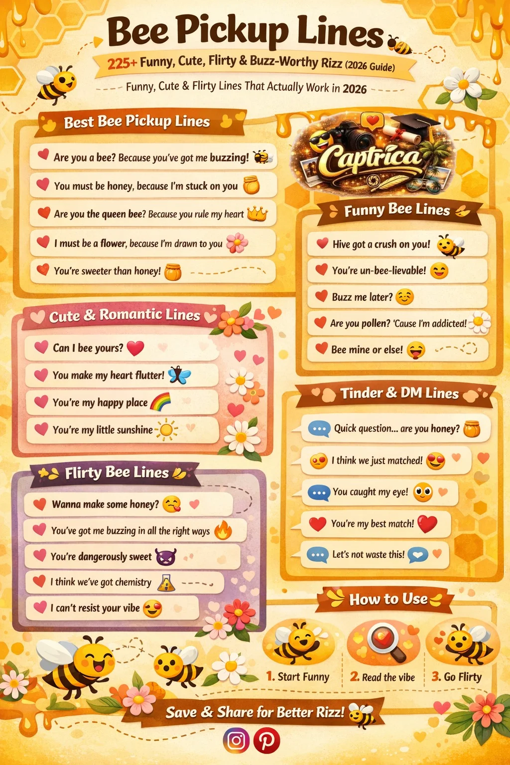 Bee pickup lines infographic featuring funny, cute, flirty, and Tinder-ready honey rizz lines with tips on how to use them in 2026 dating