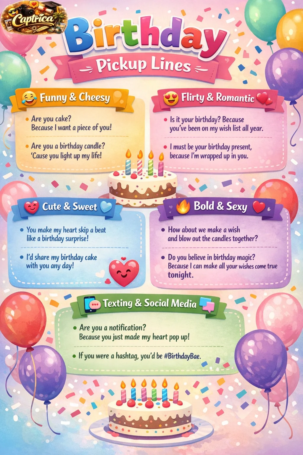 Infographic showing 15 types of birthday pickup lines, including Funny, Flirty, Cute, Bold, and Social Media lines, with colorful balloons, cake, and emoji icons for festive engagement.