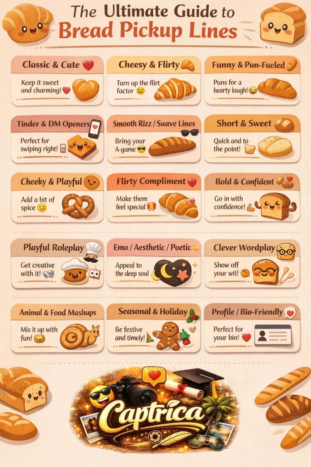 "Infographic showing 15 categories of bread pickup lines, including classic, cheesy, punny, Tinder openers, smooth rizz, playful, poetic, and bio-friendly lines, with bread and pastry icons for each category."