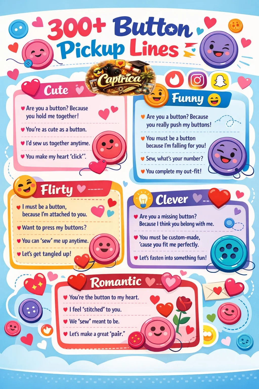 "Infographic showing 300+ button pickup lines categorized into Cute, Funny, Flirty, Clever, and Romantic, with playful icons and emojis for social media chats."