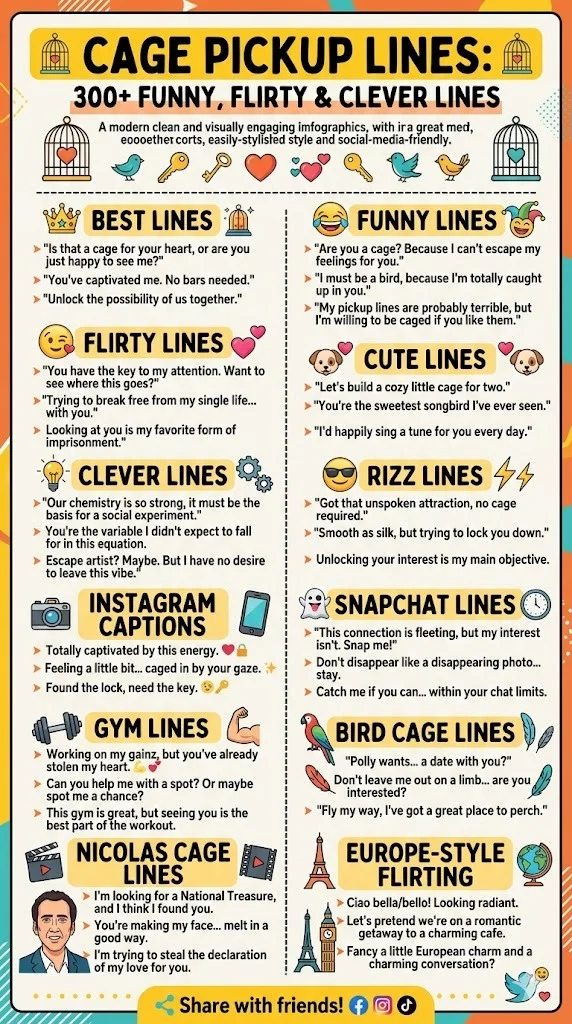 "Infographic showing 300+ Cage Pickup Lines categorized into Funny, Flirty, Clever, Cute, Rizz Lines, Instagram captions, Snapchat messages, Gym, Bird Cage, Nicolas Cage, and Europe-Style Flirting with playful icons of cages, keys, hearts, and birds."