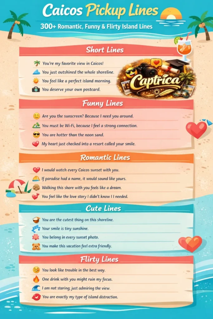 Infographic showing 300+ Caicos pickup lines organized into categories: Short, Funny, Romantic, Cute, Flirty, and Instagram captions, with tropical-themed icons and vibrant beach colors.