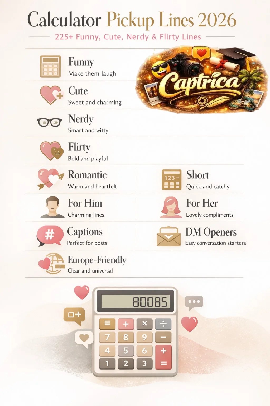 “Infographic of 225+ calculator pickup lines for 2026, categorized into funny, cute, nerdy, flirty, romantic, short, for him, for her, captions, DM openers, and Europe-friendly lines, with modern minimalist design.”