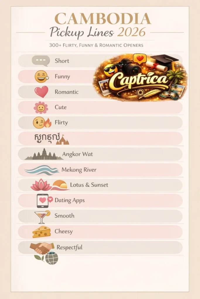 “Infographic showing 300+ Cambodia pickup lines for 2026, including funny, romantic, cute, flirty, Khmer-inspired, Angkor Wat, Mekong River, lotus, and dating app lines.”