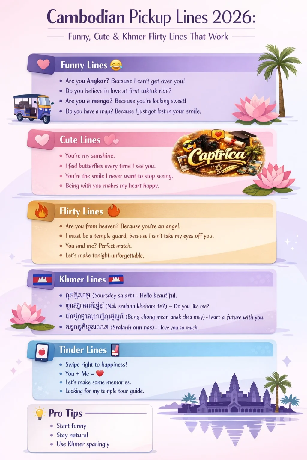 Cambodian pickup lines infographic featuring funny, cute, flirty, Khmer and Tinder-ready lines with dating tips for 2026.
