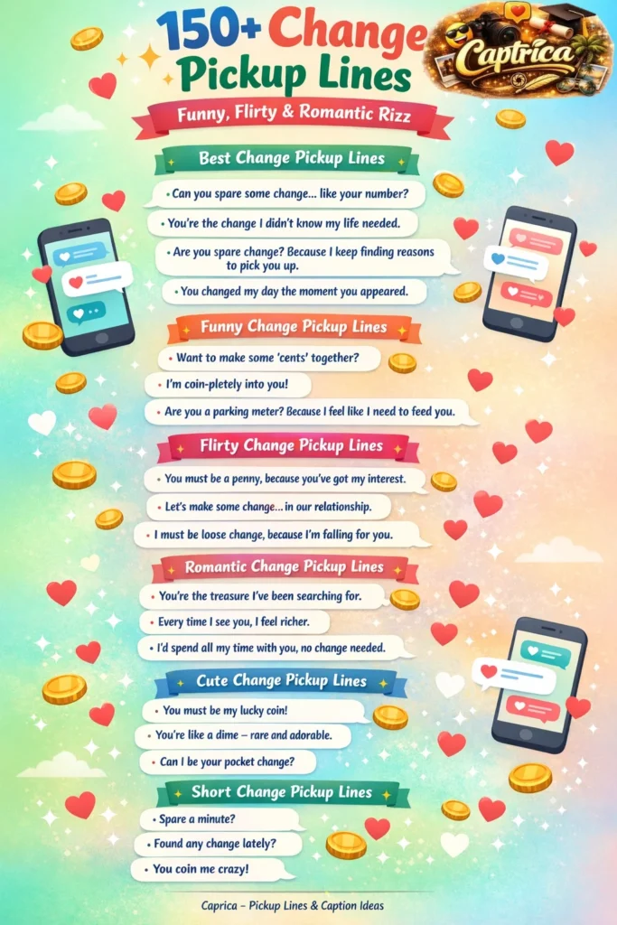 Infographic showing funny, flirty, and romantic change-up lines with coin and chat icons for dating apps and texting conversations.