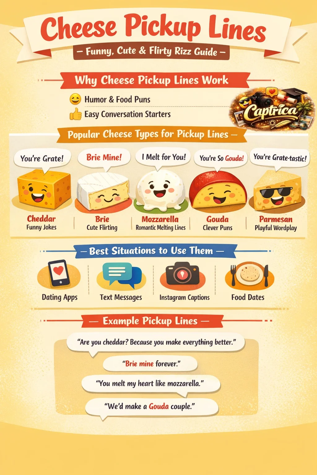 Funny cheese pickup lines infographic showing cheddar, brie, mozzarella, and gouda flirting jokes with tips for using cheesy rizz lines on dating apps and social media.