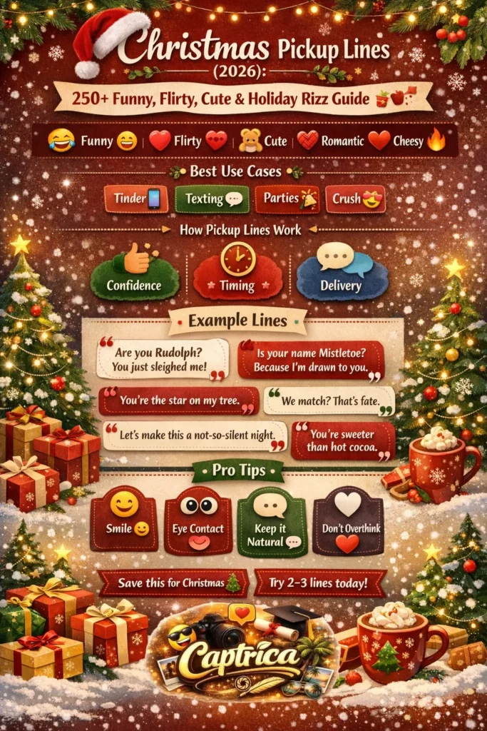 Christmas pickup lines infographic showing funny, flirty, cute, romantic, and smooth holiday rizz ideas for Tinder, texting, parties, and dating in 2026
