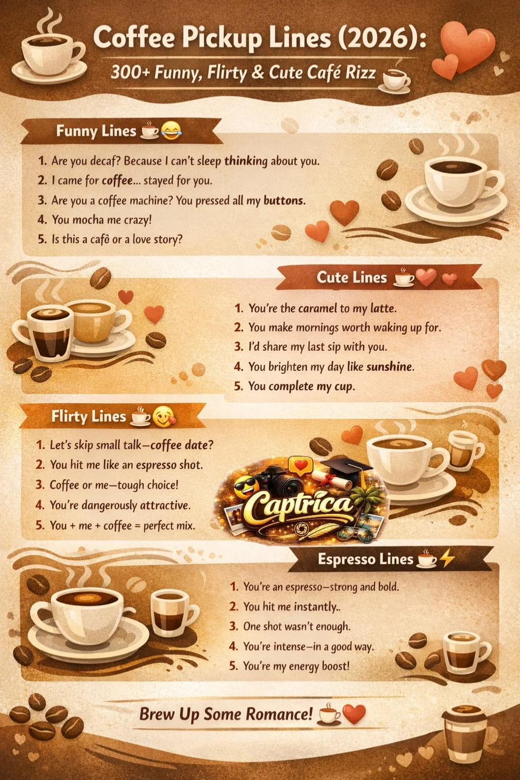 "Infographic of 300+ coffee pickup lines for 2026, featuring funny, flirty, cute, Tinder, and espresso lines with cozy café theme, coffee icons, and visually engaging layout."