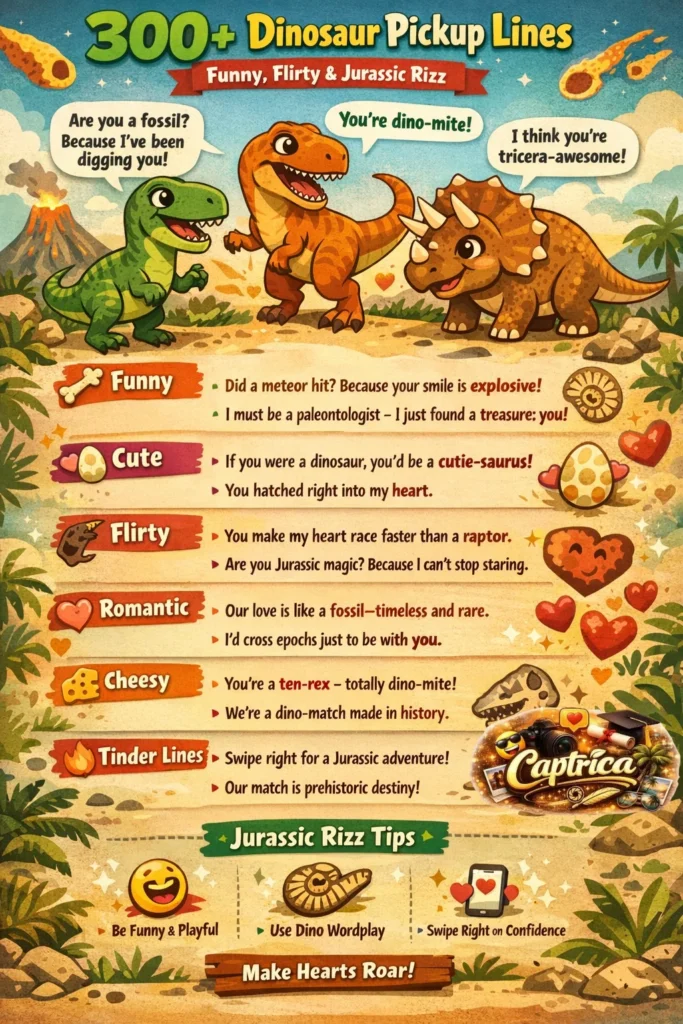 Infographic showing 300+ funny, cute, flirty, and romantic dinosaur pickup lines with cartoon dinosaurs like Tyrannosaurus Rex, Velociraptor, and Triceratops.