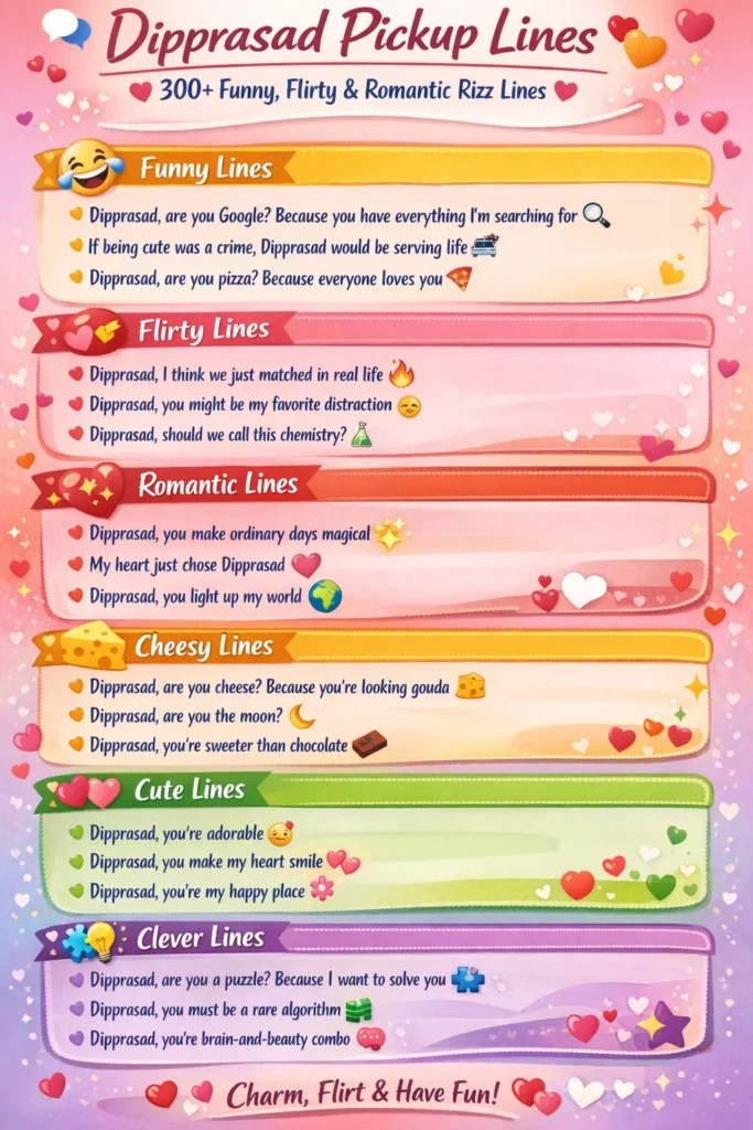 “Dipprasad Pickup Lines infographic with 300+ funny, flirty, romantic, cheesy, and clever rizz lines for Tinder, texting, and Instagram.”