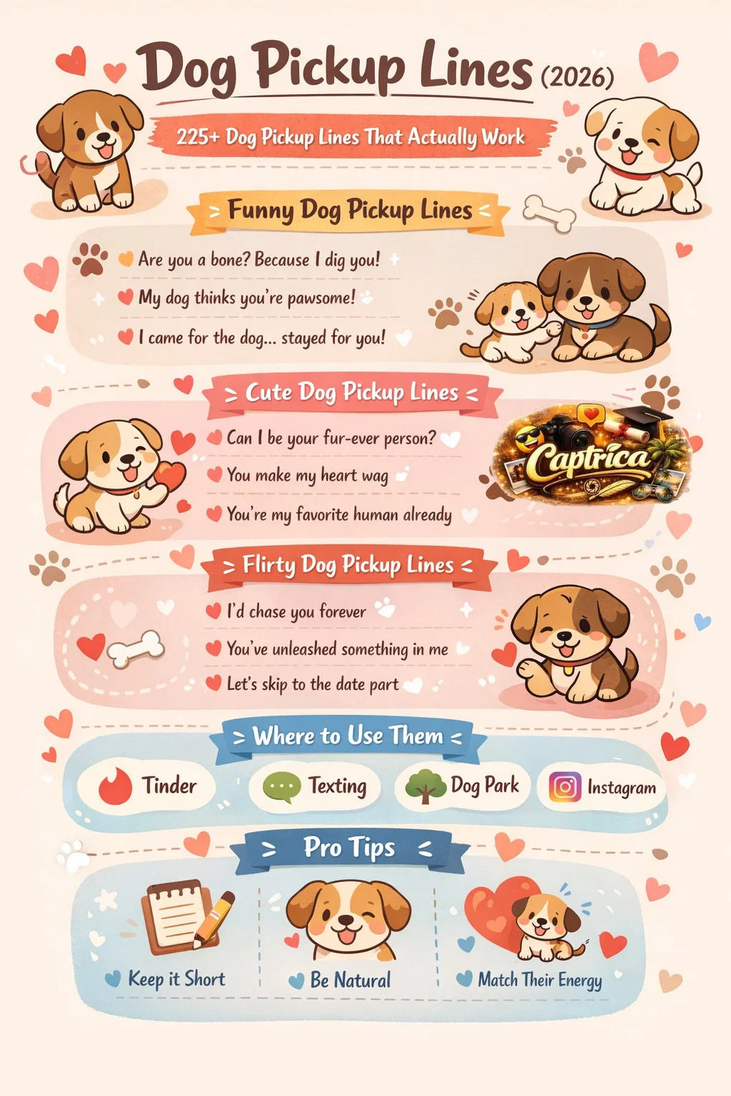 Dog pickup lines infographic showing funny, cute, and flirty lines for Tinder, texting, and dog park conversations in 2026
