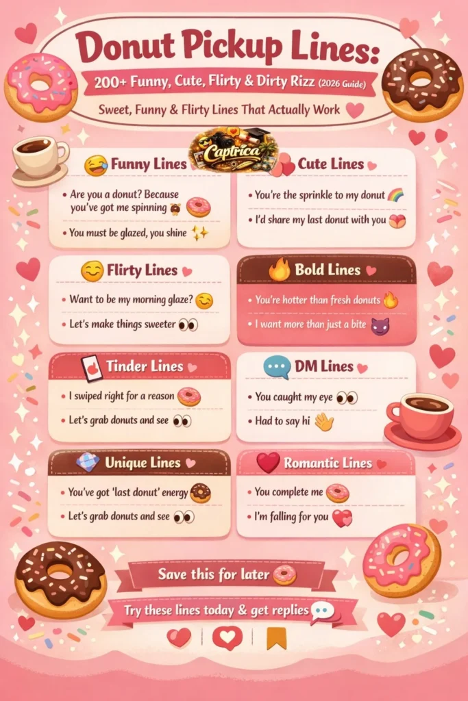 Donut pickup lines infographic featuring funny, cute, flirty, and romantic rizz lines for Tinder, Instagram DMs, and real-life conversations in 2026.