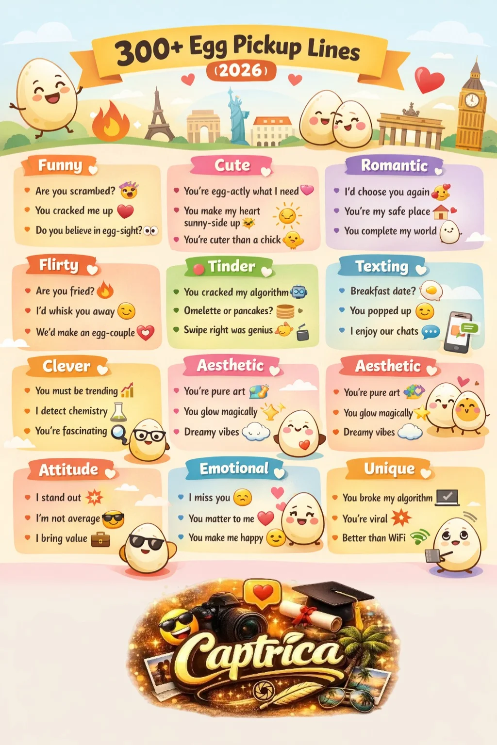"Infographic showing 300+ egg pickup lines for 2026, including funny, cute, flirty, romantic, and Tinder-style openers, with illustrated eggs, hearts, emojis, and colorful chat bubbles, designed for modern dating and social media."