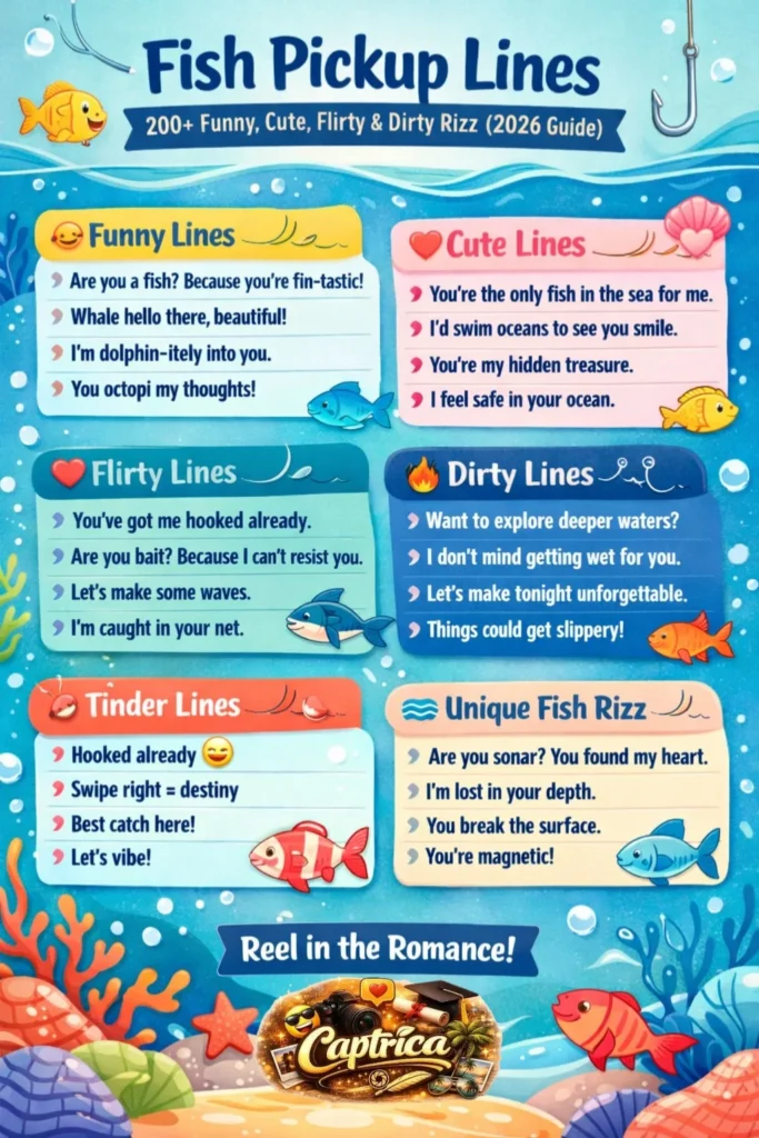 "Infographic showcasing 200+ fish pickup lines for 2026, including funny, cute, flirty, dirty, Tinder, and unique fish rizz lines with playful ocean-themed visuals."