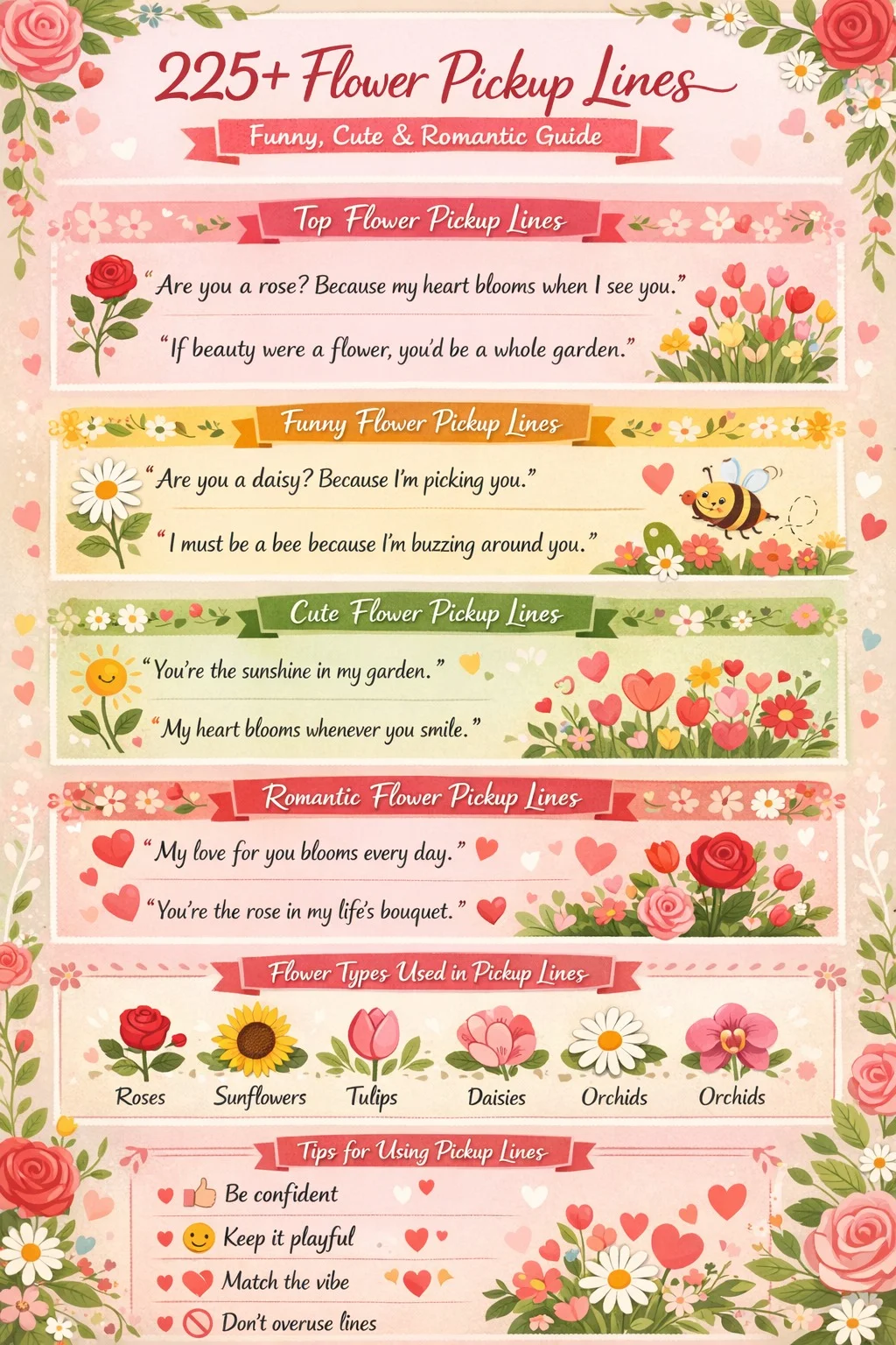 Flower pickup lines infographic showing funny, cute, and romantic floral pickup lines with roses, sunflowers, tulips, and dating tips.
