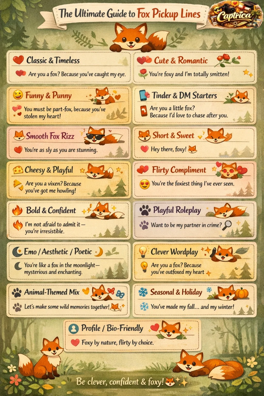 "Infographic showing 15 categories of fox pickup lines with example messages, playful fox icons, emojis, and tips for using lines in DMs, Tinder, and profiles."