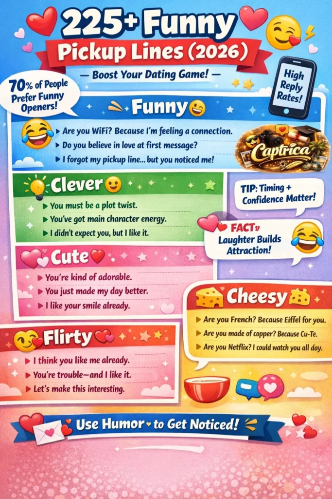 Infographic of 225+ funny pickup lines for Tinder, texting, and real-life conversations in 2026, categorized into Funny, Clever, Cute, Cheesy, and Flirty with tips for using humor in dating.