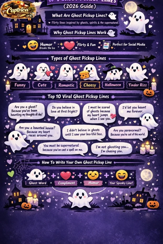 Ghost pickup lines infographic showing funny, cute, romantic, and Halloween-themed pickup lines with tips for Tinder, texting, and social media flirting.