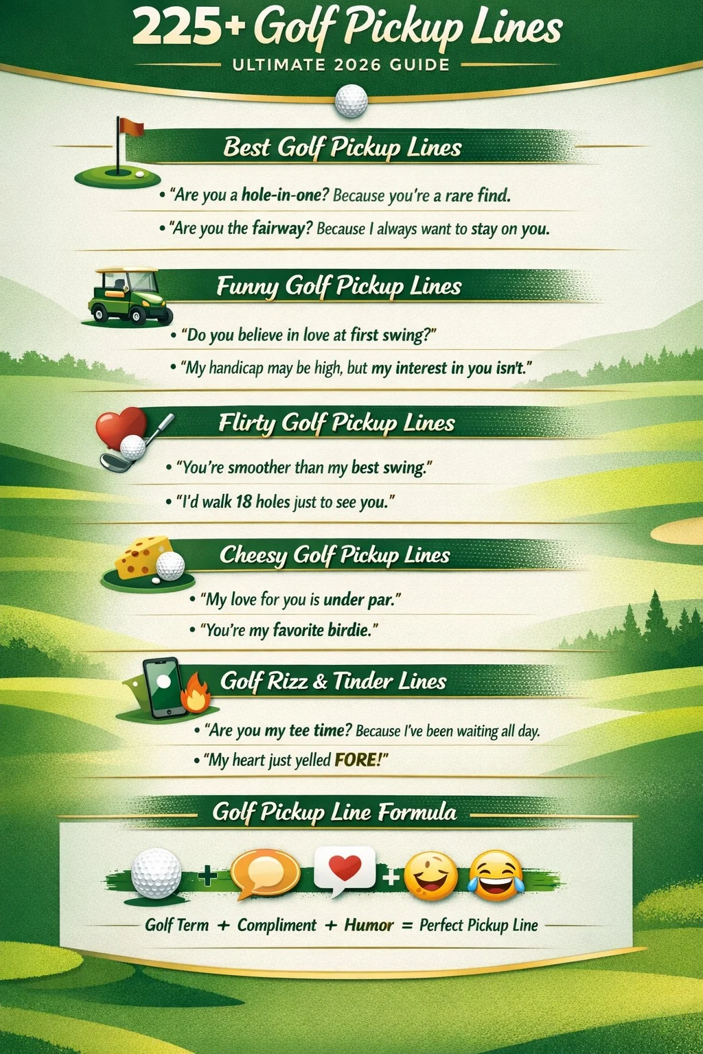 Golf pickup lines infographic showing funny, flirty, cheesy, and Tinder golf pickup lines with golf puns and flirting jokes for golfers.