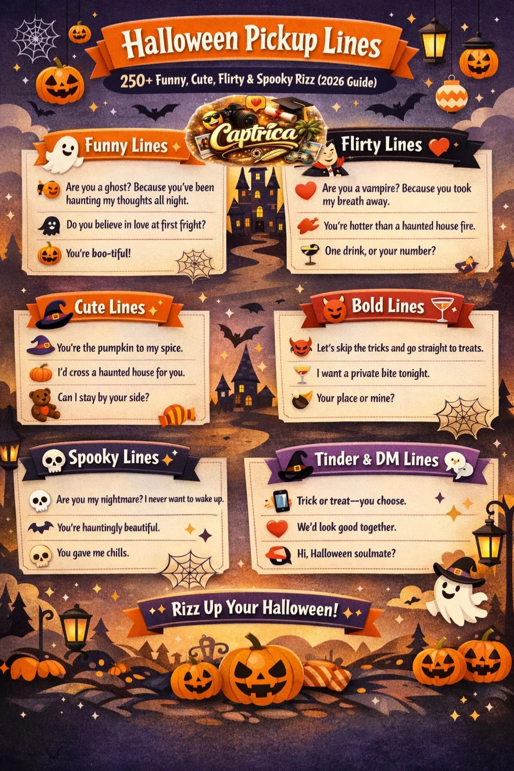“Halloween Pickup Lines Infographic 2026 – Funny, Cute, Flirty & Spooky Rizz categories with pumpkins, ghosts, witches, candy, and spider webs in vibrant Halloween colors.”