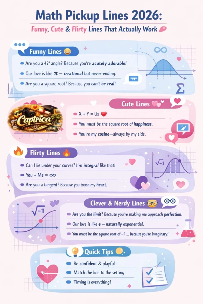 Math pickup lines infographic featuring funny, cute, flirty, and clever math puns for dating apps, texting, and flirting in 2026.