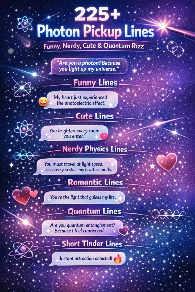 Infographic showing 225+ photon pickup lines including funny, cute, nerdy, romantic, and quantum physics flirting lines for Tinder, texting, and science lovers.