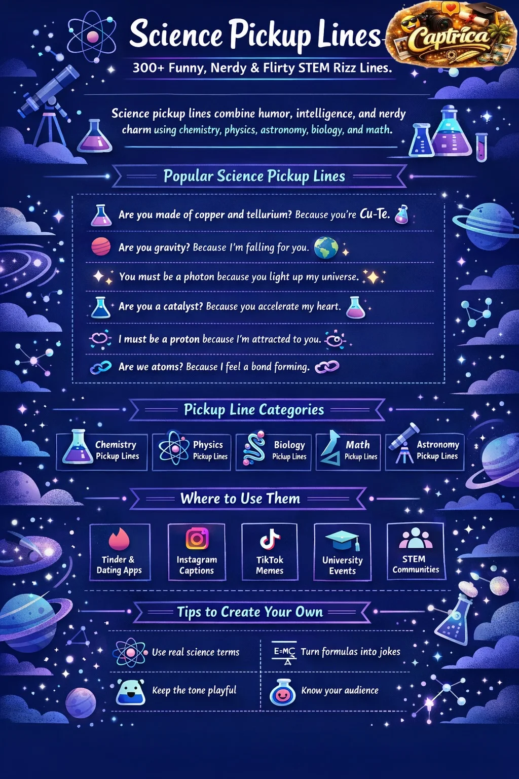 Science pickup lines infographic featuring funny nerdy STEM rizz lines from chemistry, physics, math, biology and astronomy.