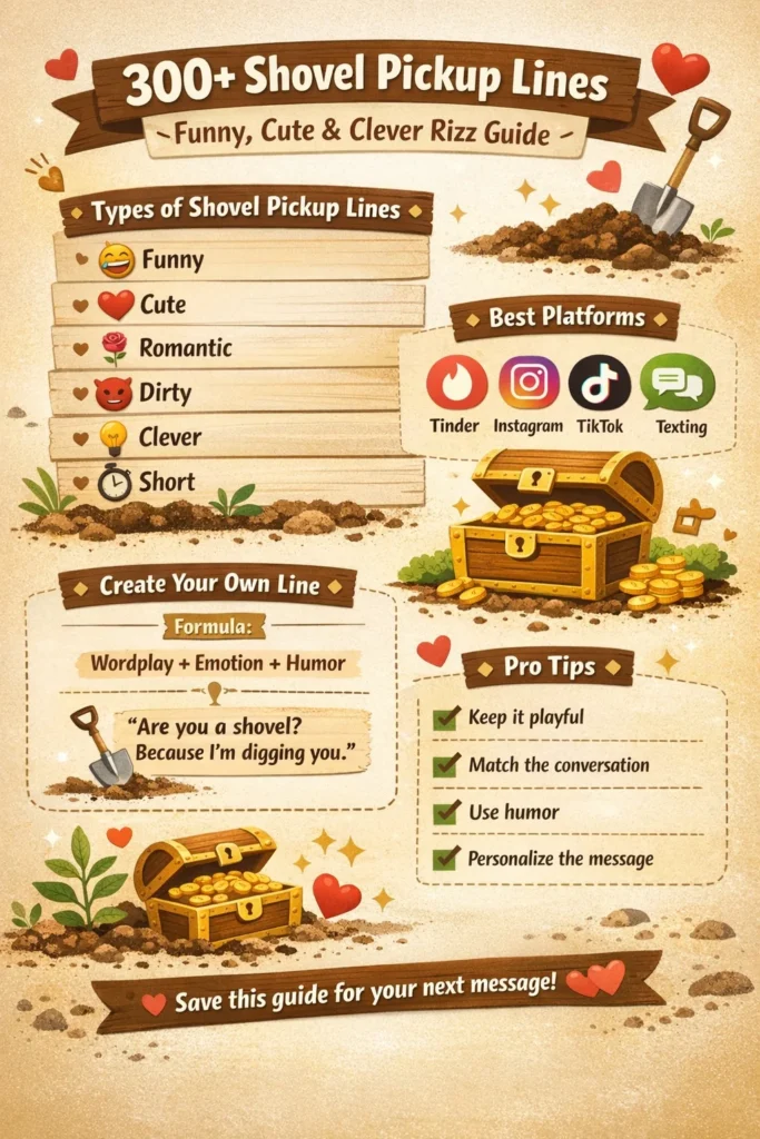 Shovel pickup lines infographic showing funny, cute, romantic, and dirty shovel rizz lines with tips for Tinder, Instagram, and texting.