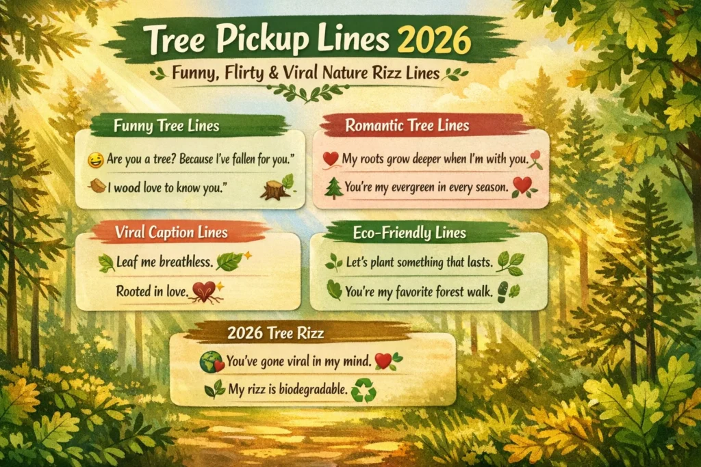 Infographic showing funny and romantic tree pickup lines for 2026, including viral nature rizz lines, eco-friendly flirting captions, and creative forest-themed dating openers.