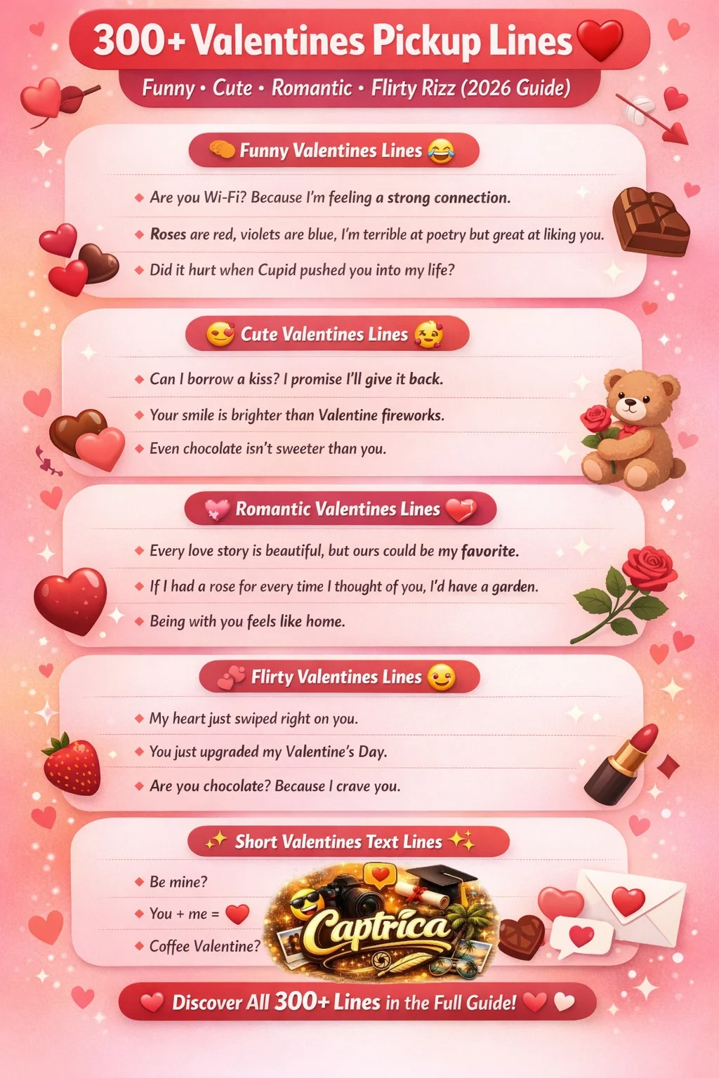 300+ Valentine's Day pickup lines infographic featuring funny, cute, romantic, and flirty Valentine's Day ideas for Tinder, texting, and Valentine’s Day cards.