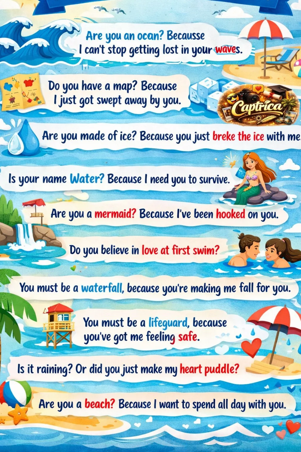 "Infographic featuring 15+ funny, flirty, and romantic water-themed pickup lines with ocean, beach, rain, and ice visuals."