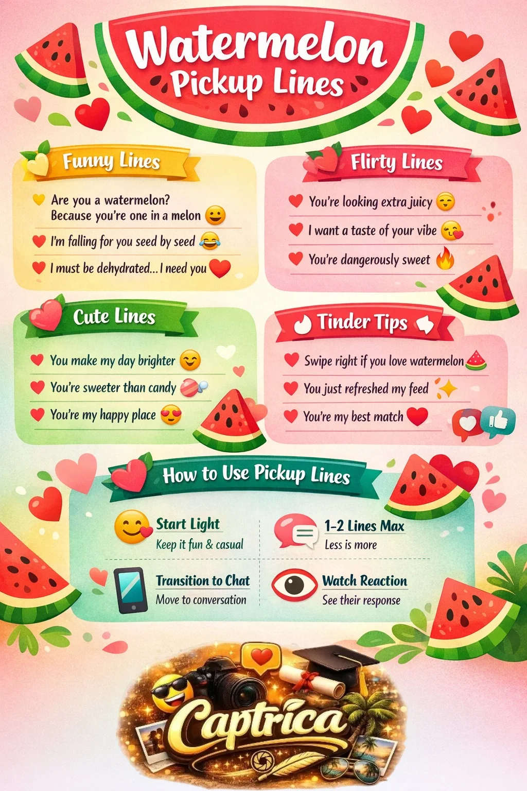 Watermelon pickup lines infographic showing funny, flirty, cute, and Tinder lines with summer-themed design and texting tips.