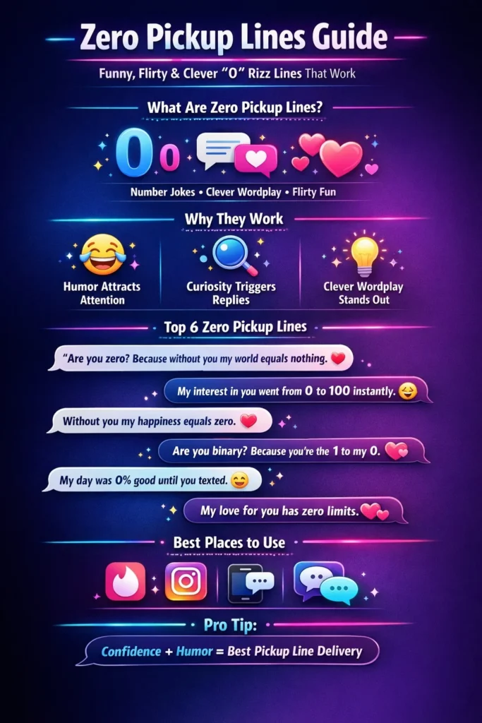 Zero pickup lines infographic showing funny, flirty, and clever “0 rizz” pickup lines for Tinder, texting, and dating conversations.