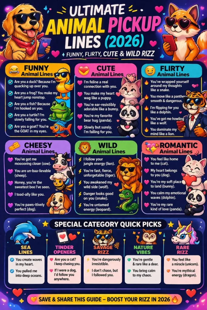 Ultimate Animal Pickup Lines infographic 2026 featuring funny, cute, flirty, cheesy, and wild animal rizz lines with illustrated animals like cats, dogs, foxes, and dolphins in a vibrant social media design.
