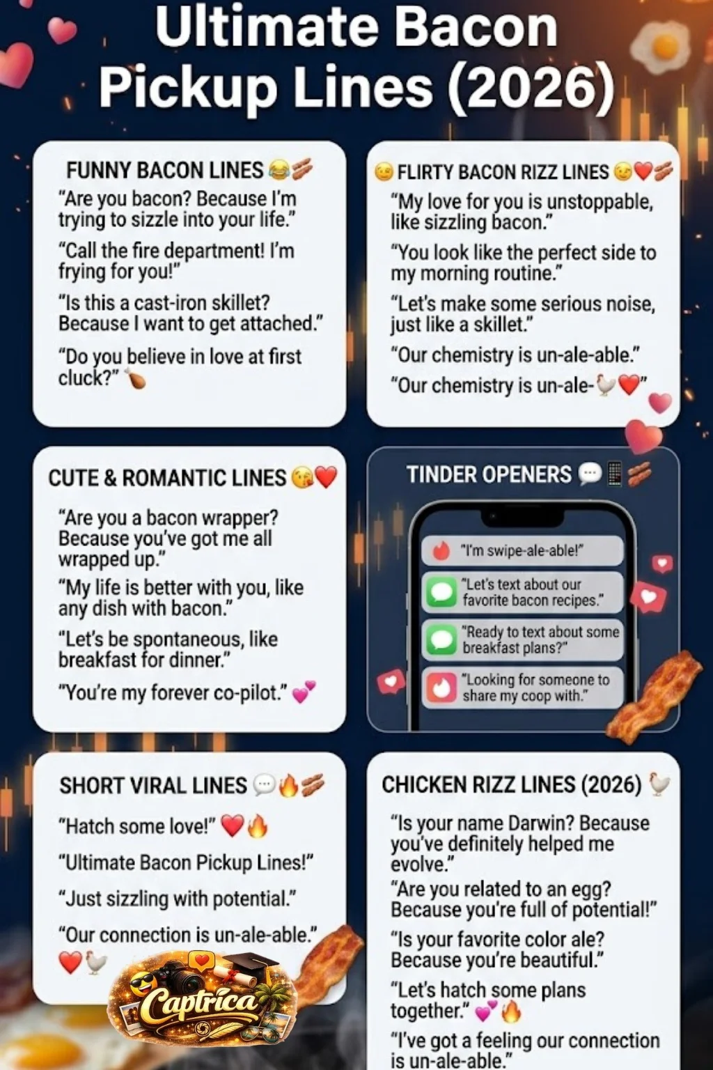 Infographic showing 150+ bacon pickup lines for 2026 including funny, flirty, cute, romantic, and Tinder-ready rizz lines with a modern food and dating themed design.