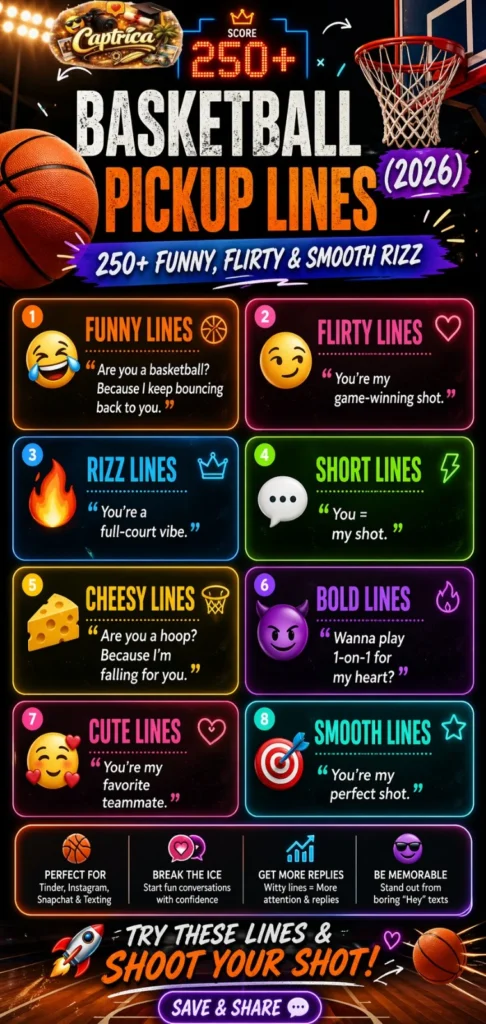 Basketball pickup lines infographic featuring funny, flirty, and smooth rizz lines for 2026 with Gen Z style design and basketball-themed visuals.