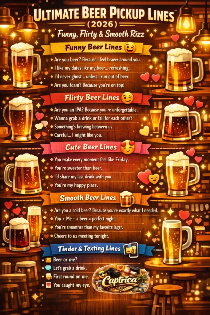 Beer pickup lines infographic 2026 featuring funny, flirty, cute, and smooth beer rizz lines for Tinder, bars, and social conversations.
