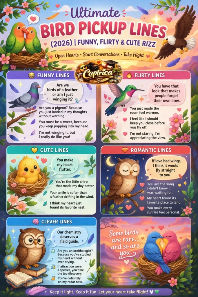 Infographic titled "Ultimate Bird Pickup Lines (2026)" featuring colorful cartoon birds, lovebirds, owls, hummingbirds, and eagles with cute nests, feathers, hearts, and chat bubbles. Sections include Funny, Flirty, Cute, Romantic, and Clever pickup lines. Bright pastel colors, soft shadows, and playful typography.