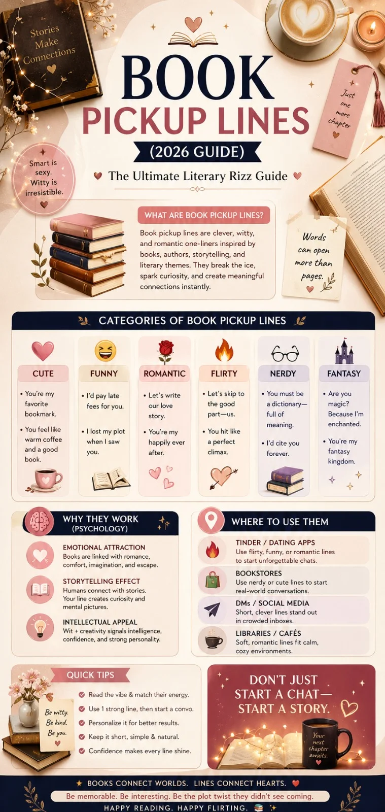 Book Pickup Lines 2026 infographic showing funny, romantic, flirty, nerdy, and fantasy literary rizz categories with tips for Tinder, bookstores, and online dating conversations.