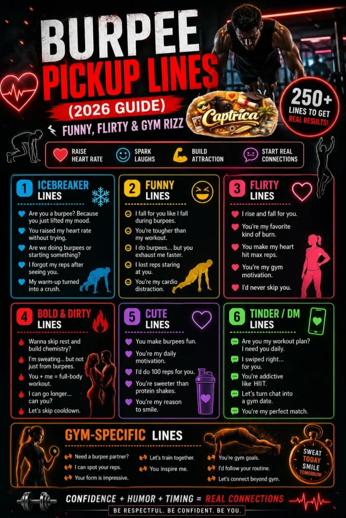 Burpee pickup lines infographic showing funny, flirty, and gym-themed rizz lines for Tinder, gym crushes, and social media conversations in 2026.
