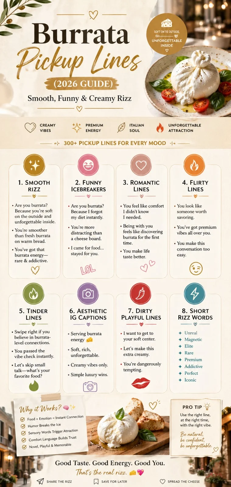 Infographic showing Burrata Pickup Lines (2026 Guide) with smooth, funny, romantic, and flirty rizz categories designed for Tinder, Instagram, and modern dating conversations.