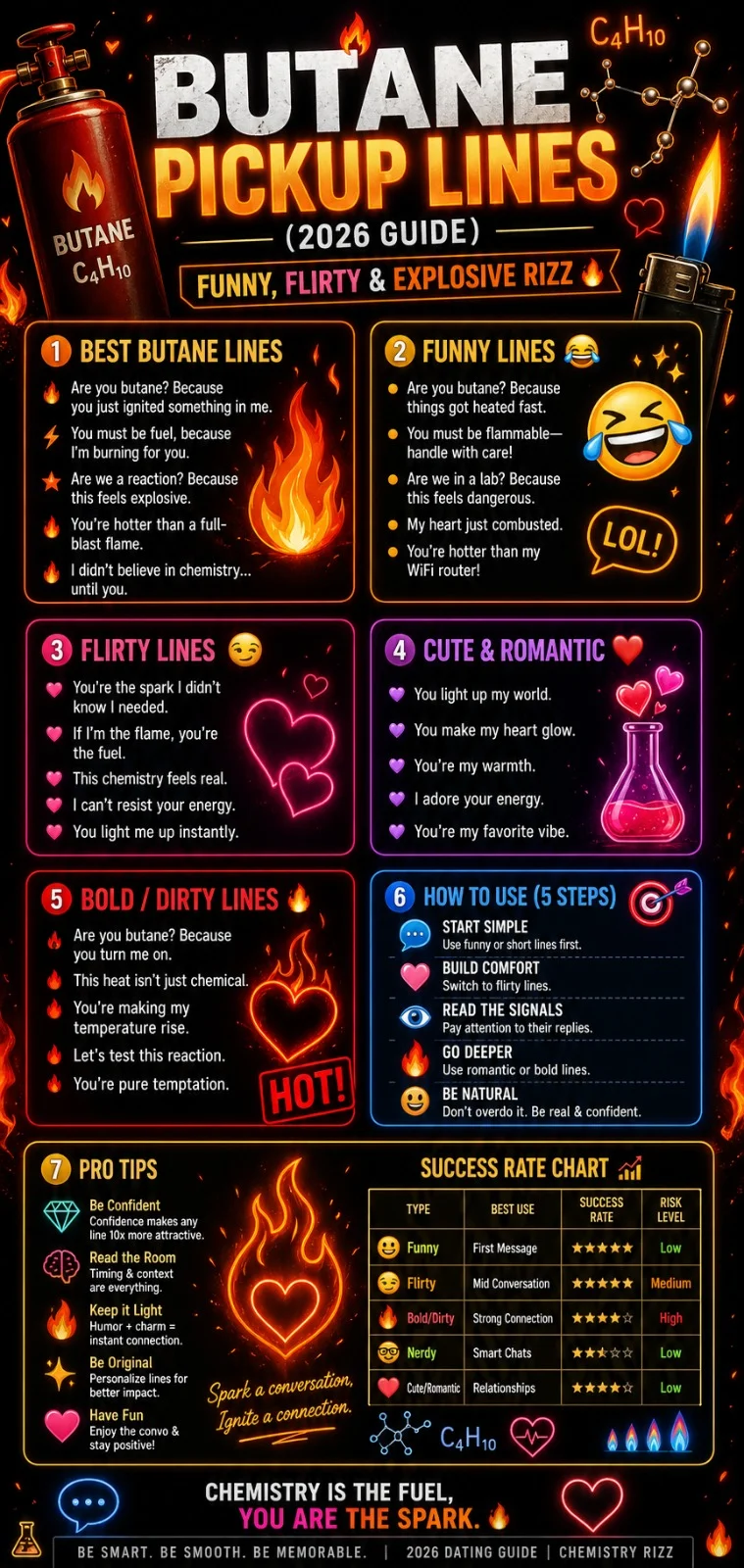 Butane pickup lines infographic showing funny, flirty, cute, and bold chemistry-based rizz lines with dating tips for 2026.