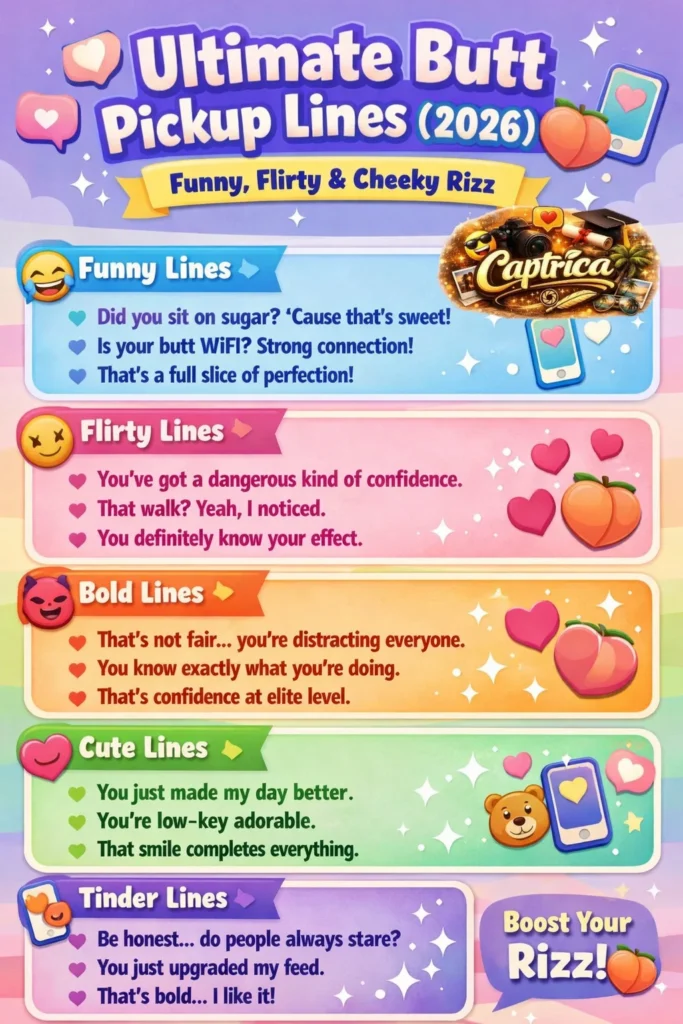 "Infographic showing the best butt pickup lines for 2026, including funny, flirty, bold, cute, and Tinder lines with playful cartoon icons and modern typography."