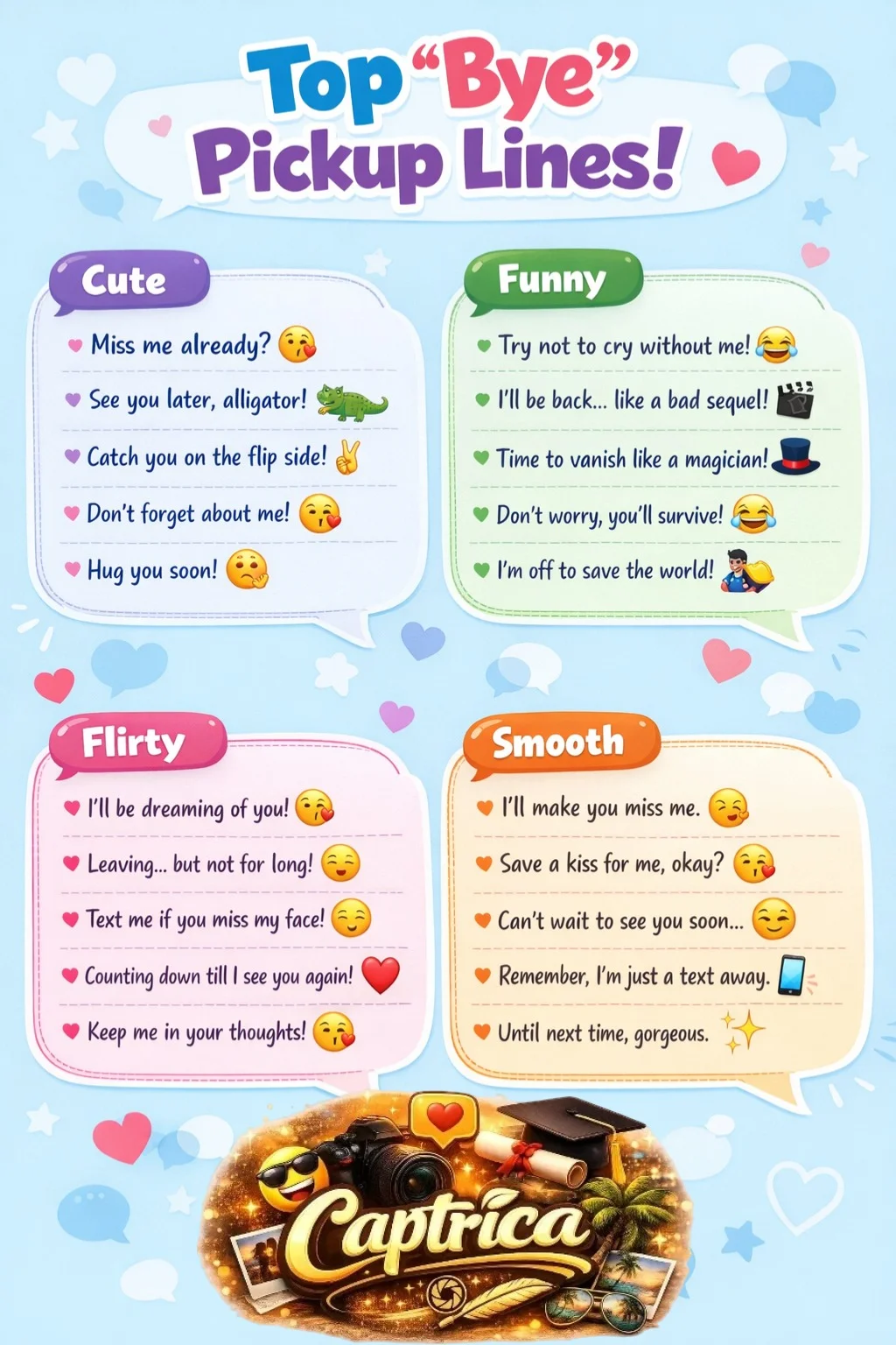 "Infographic of 20 bye pickup lines divided into Cute, Funny, Flirty, and Smooth categories, with emojis and playful text bubbles."