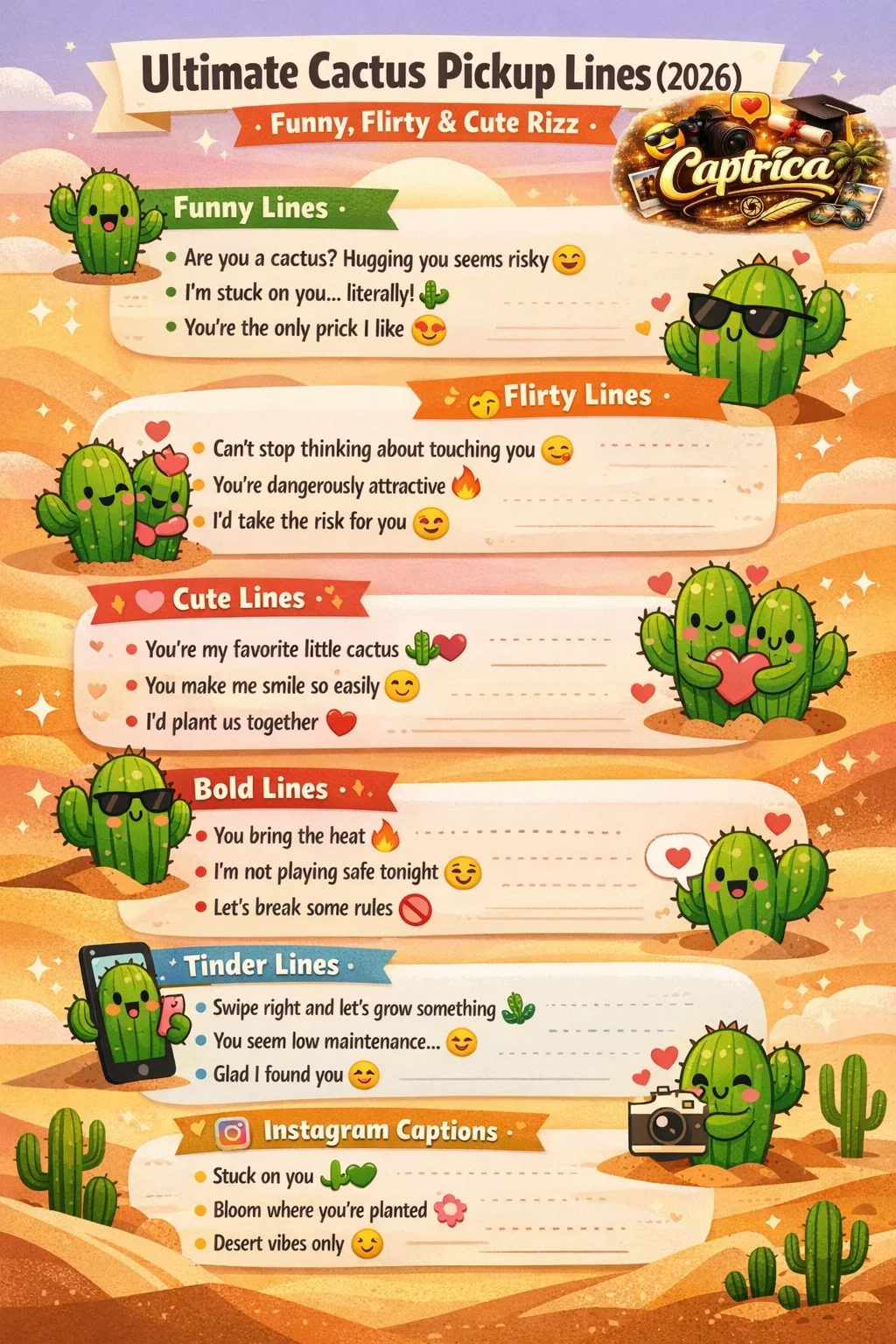 Infographic showing 300+ cactus pickup lines, including funny, flirty, cute, and Tinder-ready rizz lines with a colorful desert theme and cartoon cactus illustrations.