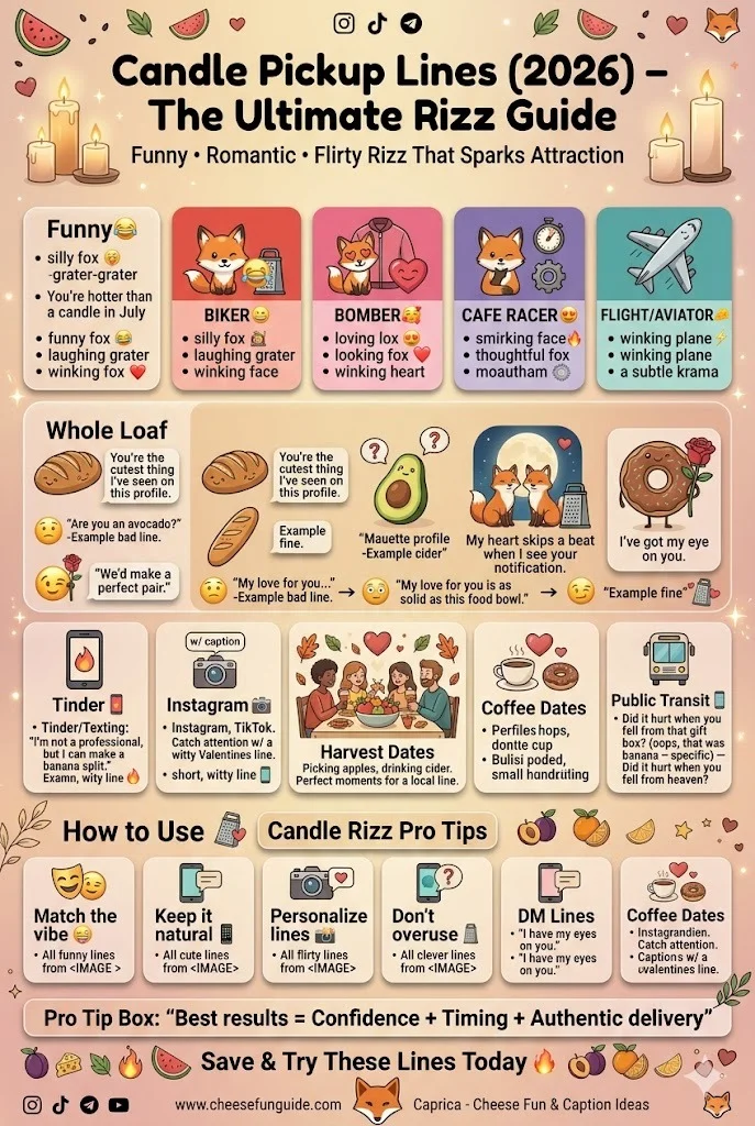 Candle pickup lines infographic 2026 featuring funny romantic and flirty rizz lines with warm aesthetic candlelight design