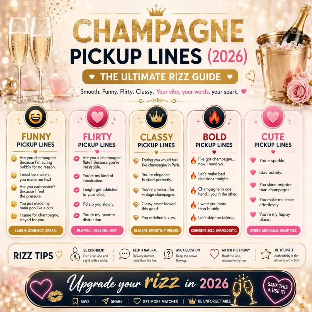 Champagne pickup lines 2026 infographic showing funny, flirty, classy and bold rizz lines with luxury champagne aesthetic and modern dating tips for Tinder and Instagram.